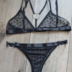 ♡ Black Heart Mesh Lingerie Set With Silver Charms ♡